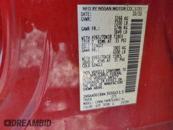 2011 Nissan Titan SL with VIN 1N6AA0EC8BN306015, listed as a Copart auction lot 52699655 with 229,462 mi miles and Salvage Title. Bid and sale history available at carsss.com. Image 13.