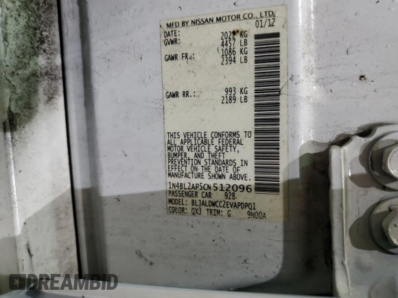 2012 Nissan Altima SR with VIN 1N4BL2AP5CN512096, listed as a Copart auction lot 42019385 with 166,704 mi miles and Non repairable. Bid and sale history available at DreamBid. Image 13.
