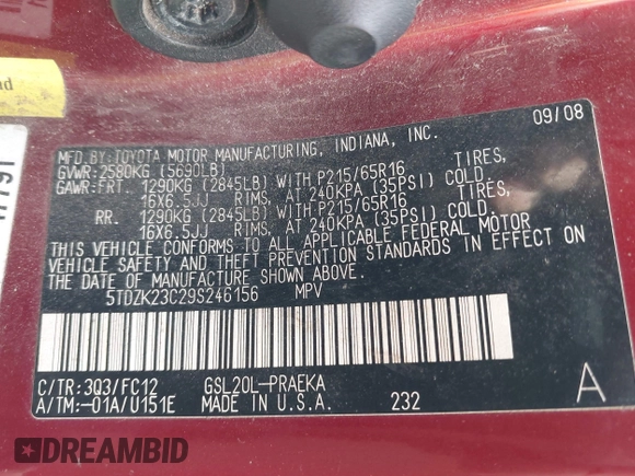2009 Toyota Sienna CE with VIN 5TDZK23C29S246156, listed as a IAAI auction lot 42046707 with 169,890 mi miles and . Bid and sale history available at DreamBid. Image 9.