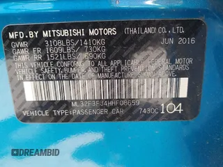 2017 Mitsubishi Mirage ES z VIN ML32F3FJ4HHF08659, wystawiony jako IAAI lot #42414448 z przebiegiem 57 265 mil mil oraz . Historia ofert i sprzedaży dostępna na DreamBid. Obrazek 9.