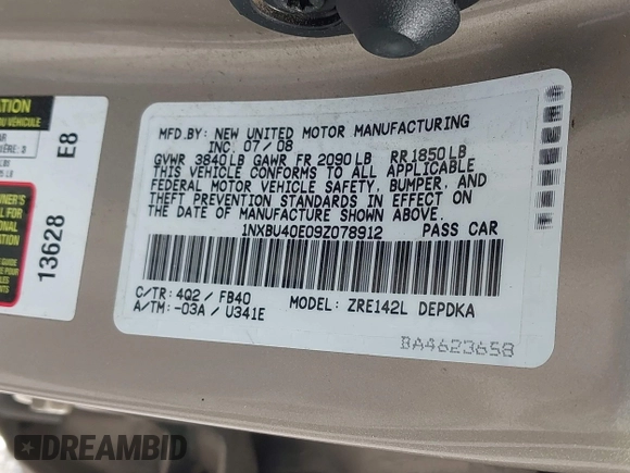 2009 Toyota Corolla with VIN 1NXBU40E09Z078912, listed as a IAAI auction lot 42381759 with 202,353 mi miles and . Bid and sale history available at DreamBid. Image 9.