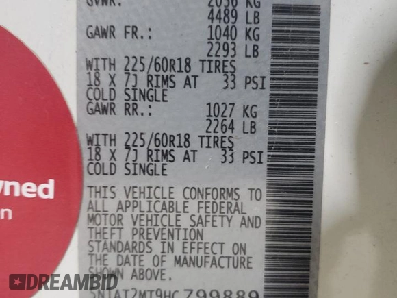 2017 Nissan Rogue SV with VIN 5N1AT2MT9HC799889, listed as a Copart auction lot 51762295 with 91,584 mi miles and Salvage Title. Bid and sale history available at carsss.com. Image 14.