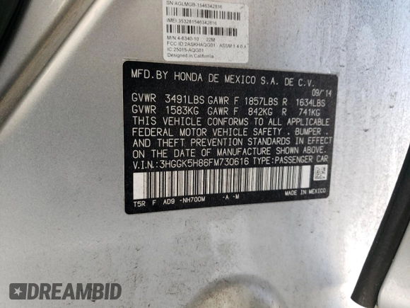 2015 Honda Fit EX-L with VIN 3HGGK5H86FM730616, listed as a Copart auction lot 55829815 with Not provided miles and Salvage title. Bid and sale history available at DreamBid. Image 12.