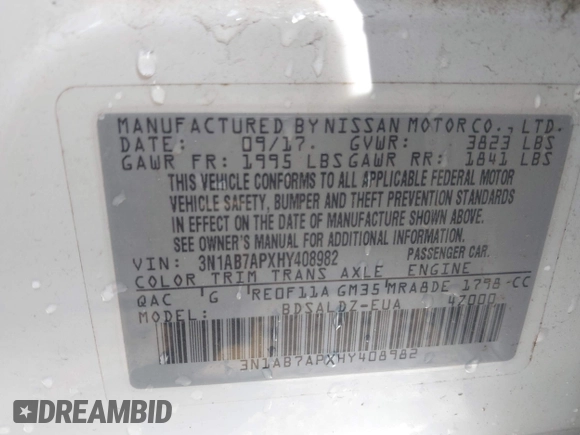 2017 Nissan Sentra SV with VIN 3N1AB7APXHY408982, listed as a IAAI auction lot 42479948 with 297,329 mi miles and . Bid and sale history available at DreamBid. Image 9.