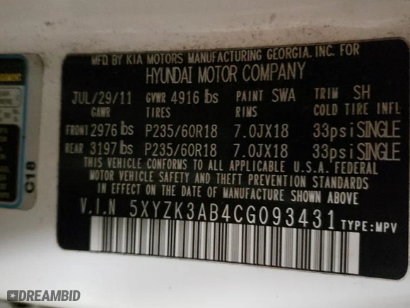 2012 Hyundai Santa Fe Limited with VIN 5XYZK3AB4CG093431, listed as a Copart auction lot 43759535 with 126,930 mi miles and Salvage Title. Bid and sale history available at carsss.com. Image 12.