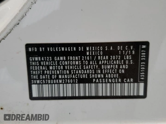 2019 Volkswagen Jetta S с VIN 3VWC57BU8KM276012, выставлен на аукционе Copart как лот 56906365 с пробегом 127 017 миль миль и Списание • Salvage title. История ставок и продаж доступна на DreamBid. Изображение 12.