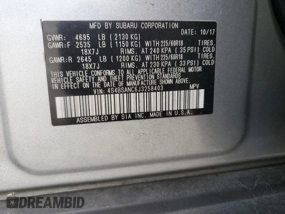 2018 Subaru Outback Limited with VIN 4S4BSANC6J3258403, listed as a Copart auction lot 59709095 with 87,133 mi miles and Clean title. Bid and sale history available at DreamBid. Image 12.
