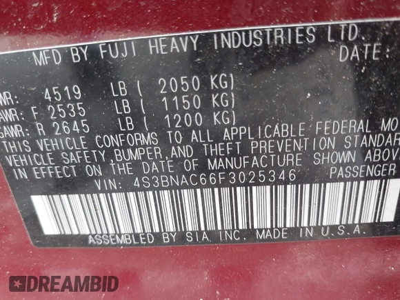 2015 Subaru Legacy Premium with VIN 4S3BNAC66F3025346, listed as a IAAI auction lot 42658945 with 174,079 mi miles and . Bid and sale history available at DreamBid. Image 9.