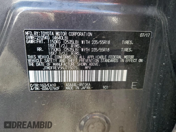 2017 Toyota RAV4 Limited with VIN JTMDFREV5HJ715015, listed as a Copart auction lot 80390894 with 42,307 mi miles and Salvage Title. Bid and sale history available at carsss.com. Image 16.