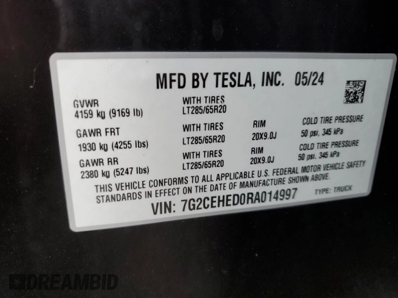 2024 Tesla Cybertruck z VIN 7G2CEHED0RA014997, wystawiony jako Copart lot #89105615 z przebiegiem 3 475 mil mil oraz Szkoda całkowita • Salvage title. Historia ofert i sprzedaży dostępna na DreamBid. Obrazek 12.