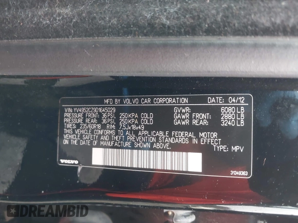 2013 Volvo XC90 Premier Plus with VIN YV4952CZ9D1645029, listed as a IAAI auction lot 41982841 with 132,556 mi miles and . Bid and sale history available at DreamBid. Image 9.