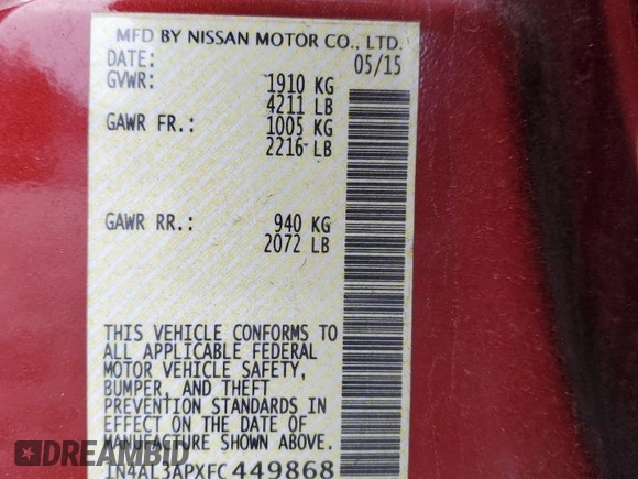 2015 Nissan Altima 2.5 SL with VIN 1N4AL3APXFC449868, listed as a Copart auction lot 89114285 with 0 mi miles and Salvage Title. Bid and sale history available at carsss.com. Image 13.
