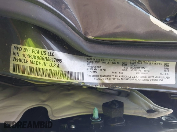 2024 Jeep Grand Cherokee Limited with VIN 1C4RJKBG6R8617895, listed as a IAAI auction lot 42084511 with 8,735 mi miles and . Bid and sale history available at DreamBid. Image 9.