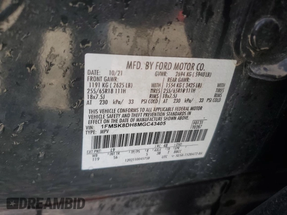 2021 Ford Explorer XLT with VIN 1FMSK8DH8MGC43405, listed as a Copart auction lot 48394945 with 39,442 mi miles and Salvage Title. Bid and sale history available at carsss.com. Image 13.