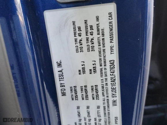 2020 Tesla Model 3 Standard Range Plus with VIN 5YJ3E1EA2LF476343, listed as a Copart auction lot 47705595 with NaN miles and Salvage Title. Bid and sale history available at carsss.com. Image 13.