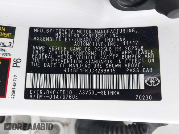 2012 Toyota Camry L with VIN 4T4BF1FK0CR269815, listed as a IAAI auction lot 40612519 with 143,088 mi miles. Bid and sale history available at carsss.com. Image 9.