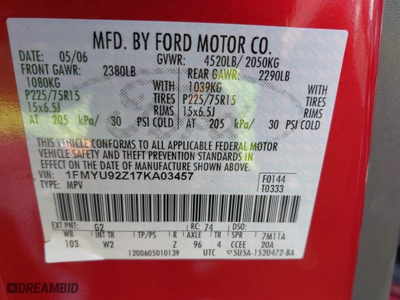 2007 Ford Escape XLS with VIN 1FMYU92Z17KA03457, listed as a IAAI auction lot 41797781 with 59,341 mi miles. Bid and sale history available at carsss.com. Image 9.