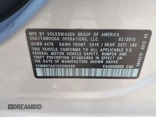 2012 Volkswagen Passat SE с VIN 1VWBH7A31CC060209, выставлен на аукционе IAAI как лот 42300402 с пробегом 92 024 миль миль и . История ставок и продаж доступна на DreamBid. Изображение 9.