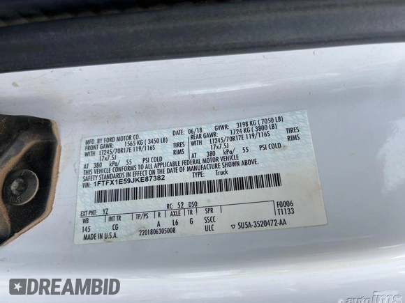 2018 Ford F-150 XL with VIN 1FTFX1E59JKE87382, listed as a IAAI auction lot 42175195 with 203,368 mi miles. Bid and sale history available at carsss.com. Image 1.