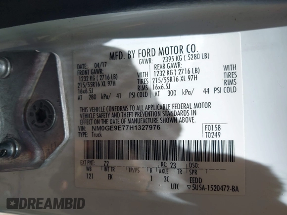 2017 Ford Transit Connect XL with VIN NM0GE9E77H1327976, listed as a IAAI auction lot 42023283 with Not provided miles and . Bid and sale history available at DreamBid. Image 9.