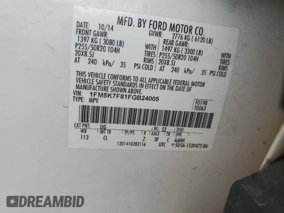 2015 Ford Explorer Limited with VIN 1FM5K7F81FGB24005, listed as a Copart auction lot 47181555 with 98,423 mi miles and Non Repairable. Bid and sale history available at carsss.com. Image 14.