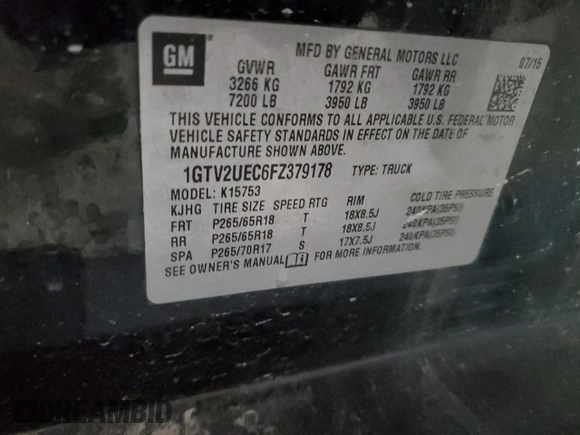 2015 GMC Sierra 1500 SLE z VIN 1GTV2UEC6FZ379178, wystawiony jako Copart lot #42980755 z przebiegiem 141 379 mil mil oraz Szkoda całkowita • Salvage title. Historia ofert i sprzedaży dostępna na DreamBid. Obrazek 12.