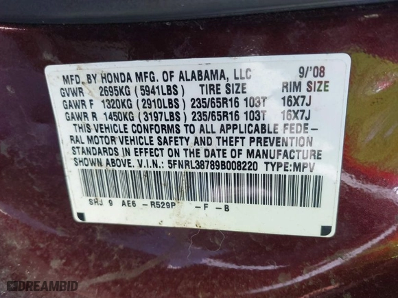 2009 Honda Odyssey EX-L with VIN 5FNRL38789B008220, listed as a IAAI auction lot 41627591 with NaN miles. Bid and sale history available at carsss.com. Image 9.