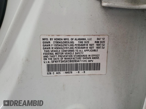 2012 Honda Pilot EX-L with VIN 5FNYF3H5XCB028347, listed as a Copart auction lot 46604945 with 207,003 mi miles and Salvage Title. Bid and sale history available at DreamBid. Image 15.