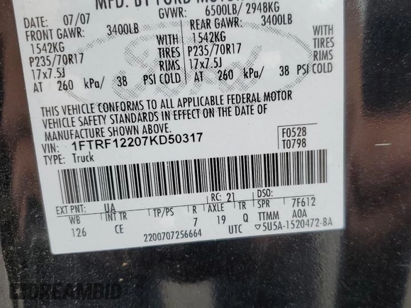 2007 Ford F-150 XL with VIN 1FTRF12207KD50317, listed as a Copart auction lot 58611805 with 122,940 mi miles and Salvage title. Bid and sale history available at DreamBid. Image 12.