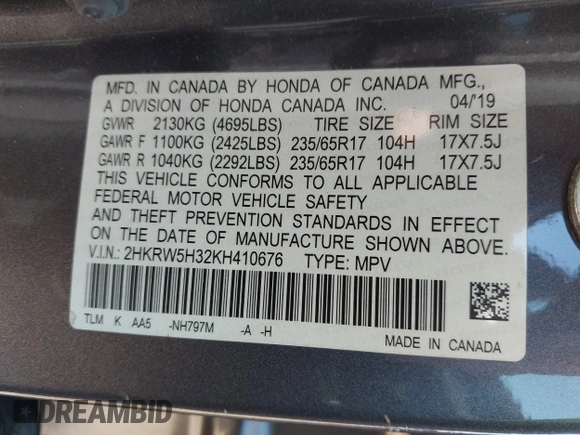 2019 Honda CR-V LX with VIN 2HKRW5H32KH410676, listed as a IAAI auction lot 42038654 with 94,342 mi miles. Bid and sale history available at carsss.com. Image 9.