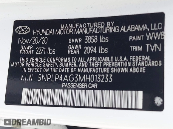 2021 Hyundai Elantra Limited with VIN 5NPLP4AG3MH013233, listed as a IAAI auction lot 39126915 with 40,008 mi miles and . Bid and sale history available at DreamBid. Image 9.