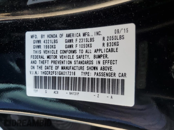 2016 Honda Accord Sport z VIN 1HGCR2F51GA017316, wystawiony jako Copart lot #61055005 z przebiegiem 154 860 mil mil oraz Czysty tytuł • Clean title. Historia ofert i sprzedaży dostępna na DreamBid. Obrazek 12.