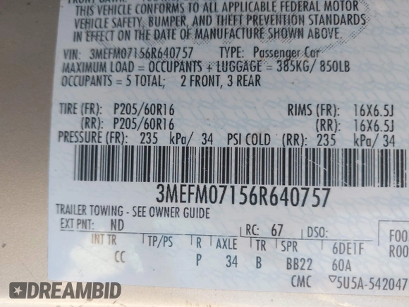 2006 Mercury Milan with VIN 3MEFM07156R640757, listed as a IAAI auction lot 42705306 with 120,902 mi miles and . Bid and sale history available at DreamBid. Image 9.