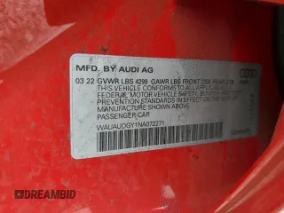 2022 Audi A3 Premium with VIN WAUAUDGY1NA072271, listed as a Copart auction lot 40297433 with 10,293 mi miles. Bid and sale history available at carsss.com. Image 14.