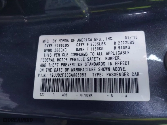 2016 Acura TLX V6 with VIN 19UUB2F33GA005093, listed as a IAAI auction lot 41937456 with 72,349 mi miles. Bid and sale history available at carsss.com. Image 9.