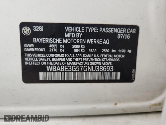 2016 BMW 3 Series 328i xDrive with VIN WBA8E3G57GNU38693, listed as a Copart auction lot 65817895 with 24,947 mi miles and Salvage title. Bid and sale history available at DreamBid. Image 13.