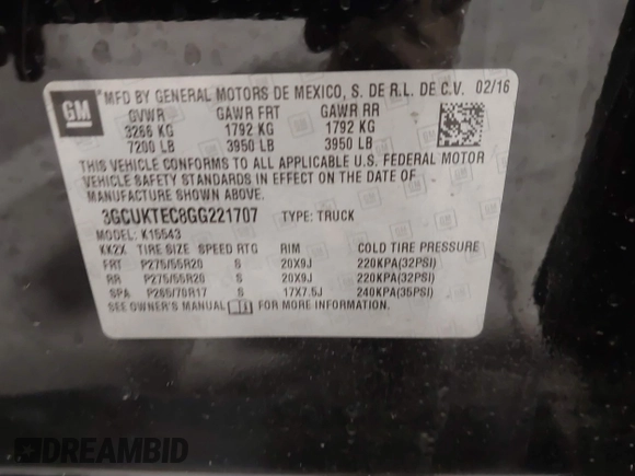 2016 Chevrolet Silverado 1500 High Country with VIN 3GCUKTEC8GG221707, listed as a IAAI auction lot 41587628 with 63,740 mi miles and . Bid and sale history available at DreamBid. Image 9.
