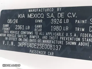 2025 Kia K4 EX with VIN 3KPFU4DE2SE008137, listed as a IAAI auction lot 41292373 with 1 mi miles. Bid and sale history available at carsss.com. Image 9.