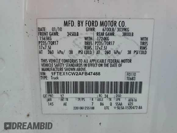2010 Ford F-150 XL with VIN 1FTEX1CW2AFB47488, listed as a Copart auction lot 63038745 with Not provided miles and Clean title. Bid and sale history available at DreamBid. Image 12.