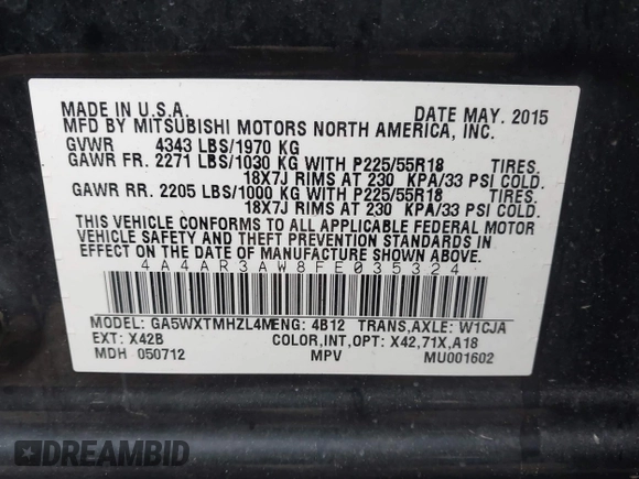 2015 Mitsubishi Outlander Sport 2.4 ES with VIN 4A4AR3AW8FE035324, listed as a IAAI auction lot 41802235 with 161,600 mi miles. Bid and sale history available at carsss.com. Image 9.