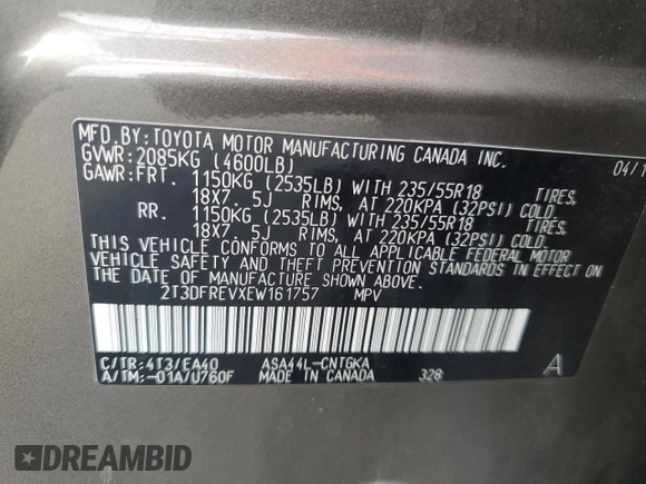 2014 Toyota RAV4 Limited with VIN 2T3DFREVXEW161757, listed as a Copart auction lot 54137075 with 137,747 mi miles and Salvage Title. Bid and sale history available at carsss.com. Image 13.