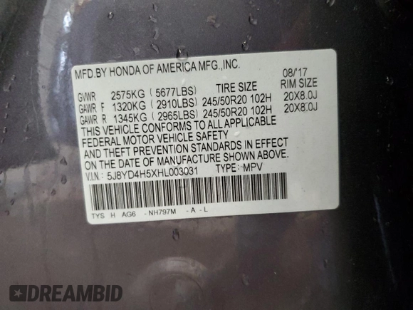 2017 Acura MDX Technology with VIN 5J8YD4H5XHL003031, listed as a Copart auction lot 60216405 with 114,184 mi miles and Non repairable. Bid and sale history available at DreamBid. Image 13.