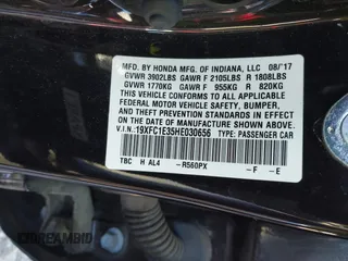 2017 Honda Civic Sedan EX-T with VIN 19XFC1E35HE030656, listed as a IAAI auction lot 38313363 with 128,344 mi miles. Bid and sale history available at carsss.com. Image 9.