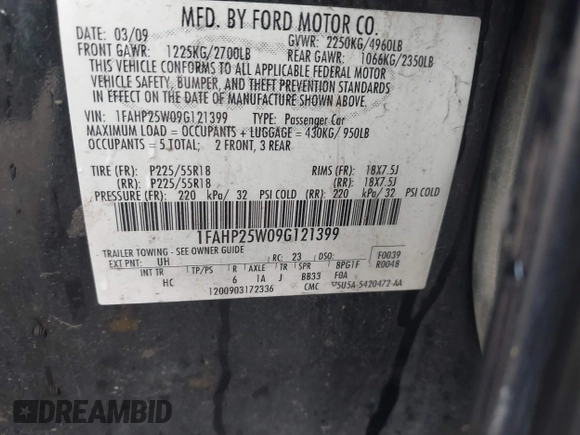 2009 Ford Taurus Limited with VIN 1FAHP25W09G121399, listed as a IAAI auction lot 41443202 with 195,187 mi miles. Bid and sale history available at carsss.com. Image 9.