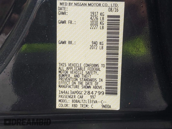 2016 Nissan Altima SR with VIN 1N4AL3AP0GC284799, listed as a IAAI auction lot 42476891 with 158,321 mi miles and . Bid and sale history available at DreamBid. Image 9.