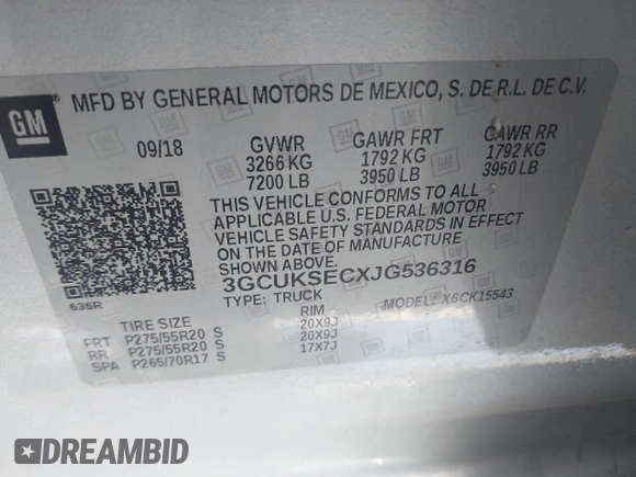 2018 Chevrolet Silverado 1500 LTZ with VIN 3GCUKSECXJG536316, listed as a IAAI auction lot 41432469 with 127,276 mi miles. Bid and sale history available at carsss.com. Image 9.