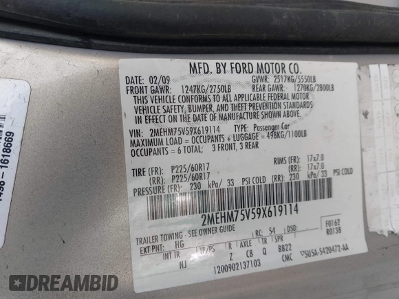 2009 Mercury Grand Marquis LS with VIN 2MEHM75V59X619114, listed as a IAAI auction lot 41685732 with 177,484 mi miles and . Bid and sale history available at DreamBid. Image 9.