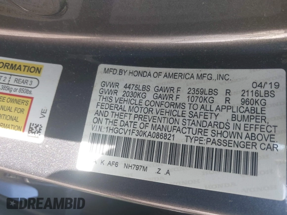 2019 Honda Accord Sport with VIN 1HGCV1F30KA086821, listed as a IAAI auction lot 41580379 with 84,288 mi miles and . Bid and sale history available at DreamBid. Image 9.