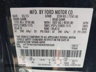2013 Ford F-150 XL with VIN 1FTFW1EF0DKE50320, listed as a IAAI auction lot 42058451 with 298,295 mi miles. Bid and sale history available at carsss.com. Image 9.