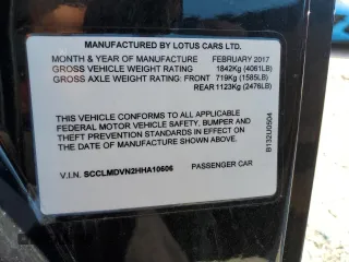 2017 Lotus Evora z VIN SCCLMDVN2HHA10606, wystawiony jako Copart lot #73696794 z przebiegiem 13 424 mil mil oraz Nie do naprawy. Historia ofert i sprzedaży dostępna na DreamBid. Obrazek 14.